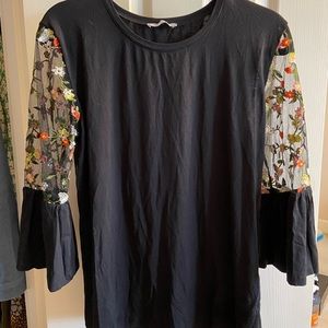 Black Shirt with Embroidered Floral Sleeves